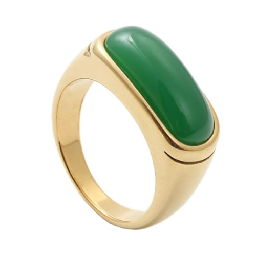 OAKKY Unisex Klassisch Trendy 10MM Quadratische Form Intarsien mit Synthetischem Grün Achat Edelstein Kleiner Finger Ring Edelstahl Aussage Band Gold Größe 57 (18.1) von OAKKY