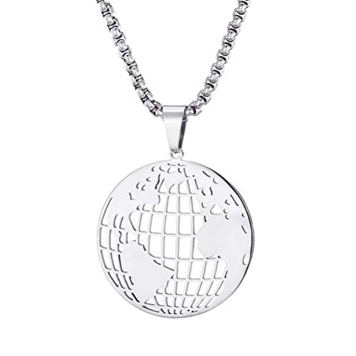 OAKKY Unisex Kreativ Einfach Runden Hohl Planet Erde Weltkarte Paar Anhänger Halsketten Edelstahl Silber mit 23.6" Schlüsselbein Ketten von OAKKY