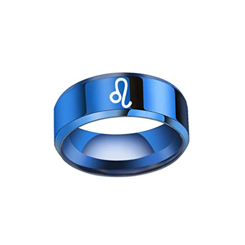 OAKKY Unisex Mode 12 Konstellation Sternzeichen Biker Ring Edelstahl Astrologie Abgeschrägte Kanten Geschenk Löwe Blau Größe 60 (19.1) von OAKKY