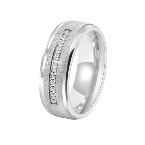 OAKKY Unisex Mode Cool Hip Hop 8mm Schrubben Kristall Einlegearbeit Sandstrahlen Oberfläche Paar Ring Edelstahl Ehering Silber Größe 54 (17.2) von OAKKY