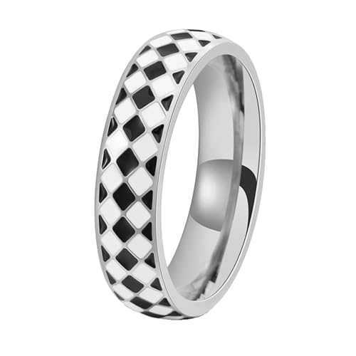 OAKKY Unisex Modern Elegant 6mm Dünnes Unregelmäßiges Gitter Schwarz-Weißes Schachbrettmuster Stapelbarer Siegelring Edelstahl Silber Größe 62 (19.7) von OAKKY