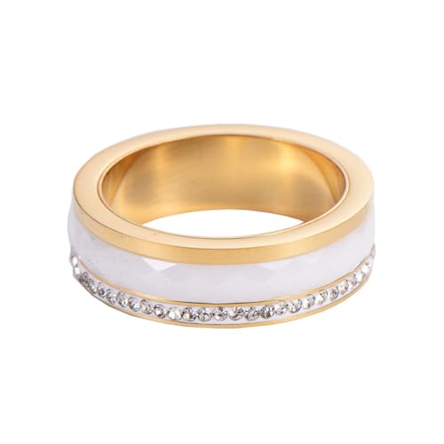 OAKKY Unisex Neuheit Simple Rhombischer Schliff Strasssteine Kristall Inlay Paar Weiß Keramik Ring Passendes Set Ehering Gold Größe 52 (16.6) von OAKKY