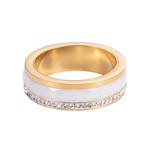 OAKKY Unisex Neuheit Simple Rhombischer Schliff Strasssteine Kristall Inlay Paar Weiß Keramik Ring Passendes Set Ehering Gold Größe 54 (17.2) von OAKKY