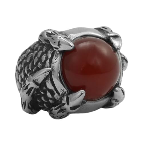 OAKKY Unisex Persönlichkeit Herrschsüchtig Skelett Drachen Klaue Runde Edelstein Gothic Punk Stein Textur Biker Ring aus Edelstahl Silber Rot Größe 57 (18.1) von OAKKY