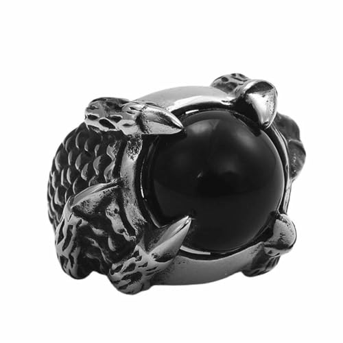 OAKKY Unisex Persönlichkeit Herrschsüchtig Skelett Drachen Klaue Runde Edelstein Gothic Punk Stein Textur Biker Ring aus Edelstahl Silber Schwarz Größe 57 (18.1) von OAKKY