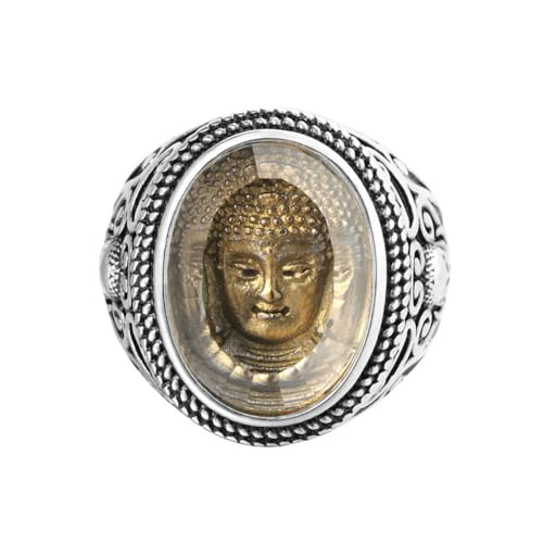 OAKKY Unisex Retro Unique Tibetisch Buddhistischer Sakyamuni Buddha Kopf Biker Ring Edelstahl Spezialmuster Geschnitzter Hip Hop Stil Größe 54 (17.2) von OAKKY