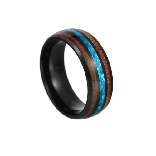 OAKKY Unisex Unikat Hawaiian Koa Holz Inlay Kuppel Dünne Linie Blau Imitation Opal Zentrum Eheringe Ring Edelstahl Komfort Passform Schwarz Größe 65 (20.7) von OAKKY