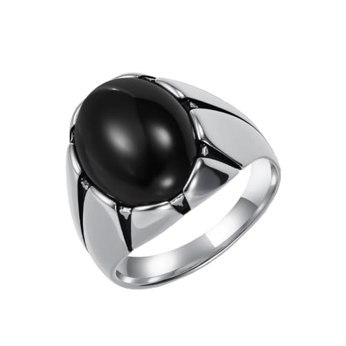 OAKKY Unisex Vintage Classic Punk Rissmuster Einfache Blume Geformt Ovalen Edelstein Siegelring Edelstahl Komfort Passen Silber Schwarz Größe 54 (17.2) von OAKKY