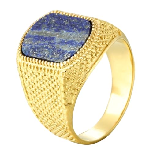 OAKKY Unisex Vintage Cool Quadrat 18MM Chunky Synthetisch Blau Achat Edelstein Polka Dots Muster Biker Ring Edelstahl Gold Größe 54 (17.2) von OAKKY