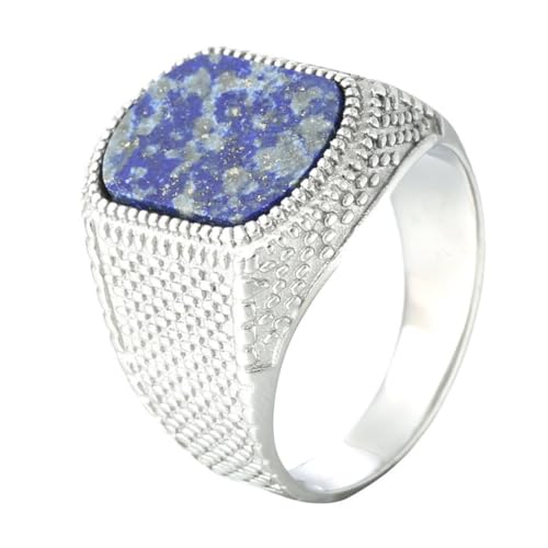 OAKKY Unisex Vintage Cool Quadrat 18MM Chunky Synthetisch Blau Achat Edelstein Polka Dots Muster Biker Ring Edelstahl Silber Größe 60 (19.1) von OAKKY