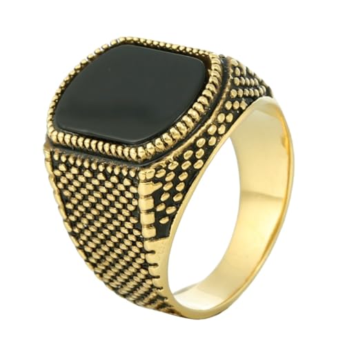 OAKKY Unisex Vintage Cool Quadrat 18MM Chunky Synthetisch Schwarz Achat Edelstein Polka Dots Muster Biker Ring Edelstahl Gold Schwarz Größe 57 (18.1) von OAKKY