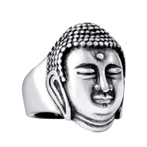 OAKKY Unisex Vintage Gothic Hip Hop Tibetisch Buddhist Sakyamuni Buddha Kopf Biker Amulett Ring Edelstahl Chinesischer Stil Silber Größe 62 (19.7) von OAKKY