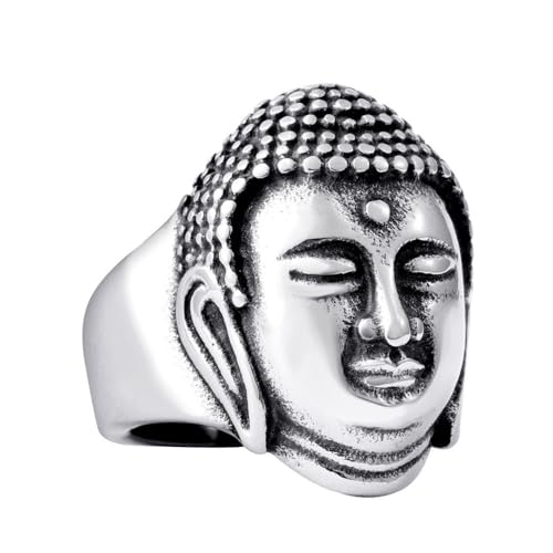 OAKKY Unisex Vintage Gothic Hip Hop Tibetisch Buddhist Sakyamuni Buddha Kopf Biker Amulett Ring Edelstahl Chinesischer Stil Silber Größe 70 (22.3) von OAKKY