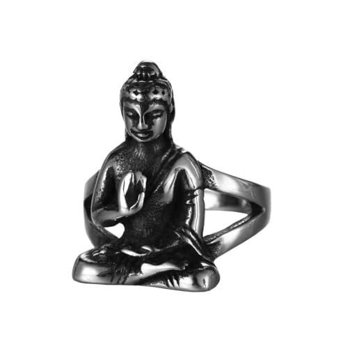 OAKKY Unisex Vintage Gothic Punk Tibetisch Buddhistische Meditation Sakyamuni Buddha Biker Amulett Ring Edelstahl Hip Hop Stil Silber Größe 54 (17.2) von OAKKY