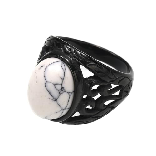 OAKKY Unisex Vintage Hip Hop Hohle Besonderes Blume Geschnitzt Ovaler Schnitt Weiß Synthetischen Türkis Edelstein Siegelring Edelstahl Schwarz Größe 68 (21.6) von OAKKY