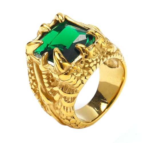 OAKKY für Herren Bully Vintage Edelstahl Drachenklaue Mehrfarbiger Edelstein Ring Gold Grün Größe 54 (17.2) von OAKKY