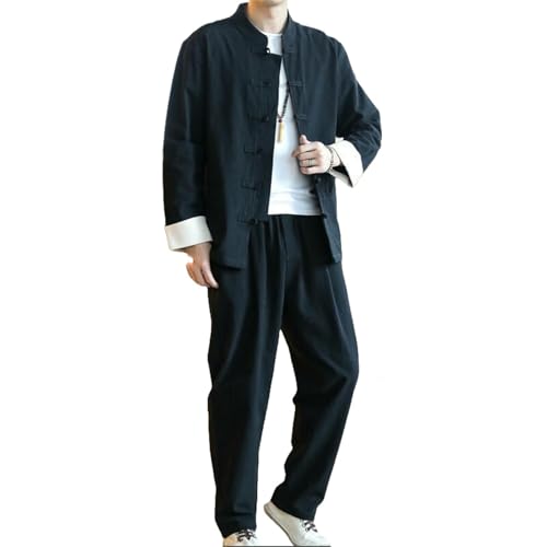 OAKVERVE Herren Herbst Chinesischer Stil Baumwolle Leinen Hanfu Tang Anzug Langarm Strickjacke Lange Hose Sportbekleidung Set Black XL von OAKVERVE