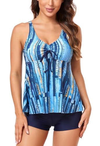 OAMENXI Damen zweiteilig Badeanzug Push up Bademoden Tankini Set mit Hot Pants Drucken Badeanzüge Bikini Swimsuit Sportlich (Bluestripe,XL) von OAMENXI