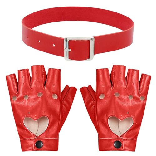 OAOSDH 1 Paar Ausgehöhlten Herzhandschuhen Und 1-Stück-Kragen, Pu-Erhandschuhe, Handschuhe Im Punkstil, Bühnenleistung Kostümzubehör. von OAOSDH