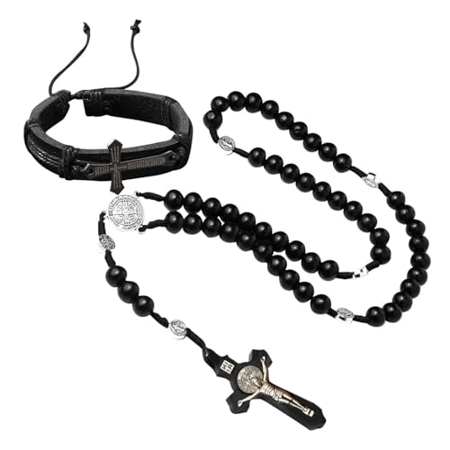 OAOSDH 1 Stück Holzperlenkette Und 1 Stück Gewebtes Armband, Verstellbares Armband, Anhängerkette, Retro-Schmuck, Bekleidungszubehör von OAOSDH