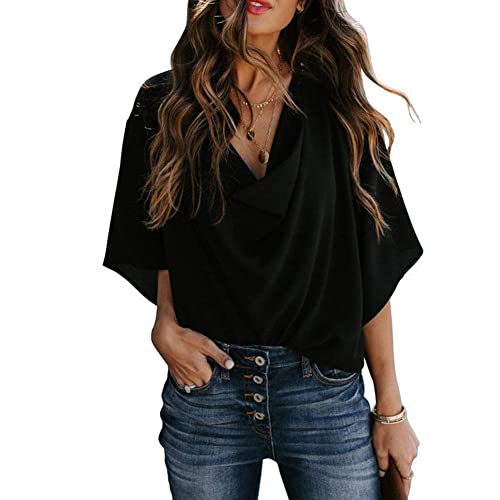 OARTO Frauen Drapierte Chiffon-Bluse mit Wasserfallkragen, Fledermausärmel, lässiges lockeres Hemd-Top, Schwarz , 40-42 von OARTO