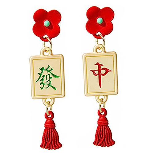 OATIPHO Mahjong Ohrringe Damen Rote Tropfen Ohrringe Chinesischer Stil Leicht Und Hautfreundlich Festliche Ohrhänger Für Mädchen von OATIPHO
