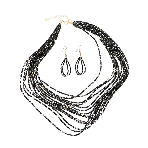 OATIPHO Bohemian-stil Halskette Mit Ohrringen Kreative Mehrschichtige Perlenkette Ohrstecker Damen Schwarz Halskette Ohrringe von OATIPHO