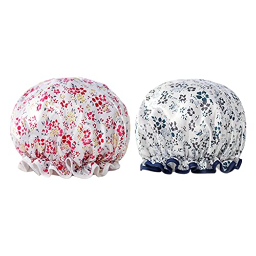 OATIPHO 2 Stück Wasserdichte Duschhaube Damen Doppellagige Satin Badekappe mit Elastischem Bund Blumenmuster Wiederverwendbar Geeignet für Dusche Spa Haarschutz bei Make Up und von OATIPHO