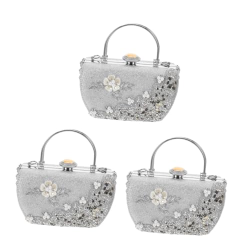 OATIPHO 3 Stück Abend Clutch Silber mit Kunstvollem Metallblumen Design Funkelnden Strasssteinen und Perlenbesatz Kompakt und Leicht für Hochzeit Ball und Festliche Anlässe von OATIPHO