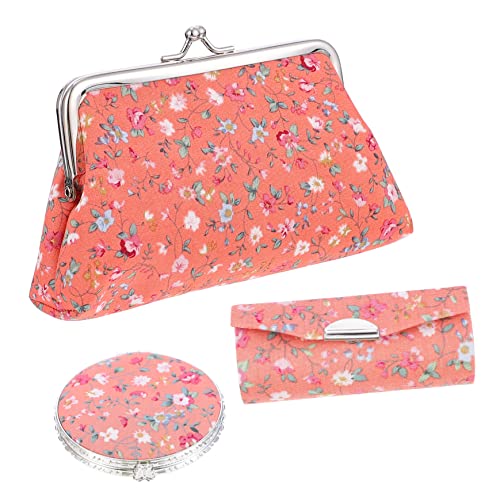 OATIPHO 3 Stück Teiliges Makeup Bag Set mit Lippenstiftetui und Spiegel Kosmetiktasche für Damen Orange mit Floralem Design für Tägliche Nutzung und Reisen von OATIPHO