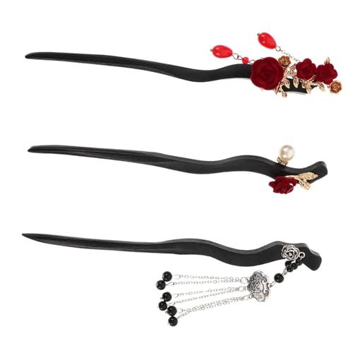 OATIPHO 3 Stück Teiliges Rote Rosen Haarstäbe aus Holz mit Quaste Handgeschnitzte Vintage Haarpins für Hanfu Traditionelle Haarnadeln Schonend zum Haar für Frauen und Mädchen von OATIPHO