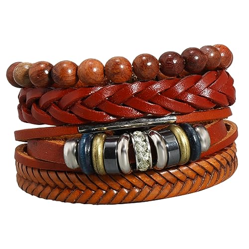 OATIPHO 4 Stück Verstellbare Teiliges Herren Lederarmband Set Handgefertigte Geflochtene Armbänder Hochwertigem Stilvolles und Schmuckstück für Männer und Frauen von OATIPHO