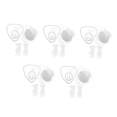 OATIPHO 5 Sätze Elegantes Damen Tea Party Weiß mit Schleier Haarband Spitzenhandschuhen Perlen Schmuck Vintage Stil für Hochzeit Gartenfest Nachmittagstee und Festliche Anlässe von OATIPHO