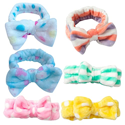 OATIPHO 6 Stück Elastische Korallenfleece Stirnbänder für Gesichtswäsche mit Schleifen für Makeup Sport und Yoga Verschiedenen Farben und Mustern von OATIPHO