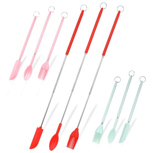 OATIPHO 9 Stück Kleiner Silikon Teleskopspatel und Löffel Hitzebeständige Küchenutensilien für Kosmetik und Kochen Wiederverwendbare Spatel in Pink Grün und Rot von OATIPHO