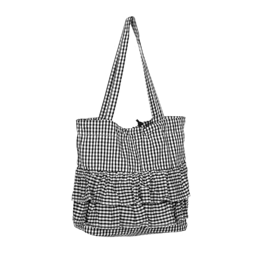 OATIPHO Checkered Canvas Tote Bag mit Femininem Rüschensaum Stilvolle Wiederverwendbare Schultertasche aus Canvas für Damen Geräumig Vielseitig für Freizeit Shopping Arbeit und Urlaub von OATIPHO