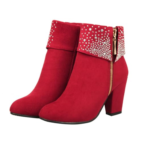 OATIPHO Damen Ankle Boots mit Hohem Blockabsatz Rote Kurze Herbst Winter Stiefeletten aus Strapazierfähigem PU und Gummi Modische Braut Stiefel für Hochzeit und Alltag von OATIPHO