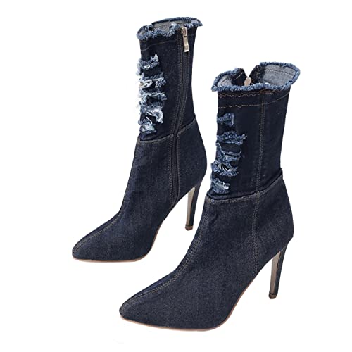 OATIPHO Damen High Heeled Boots aus Elastischem Denim Dünner Absatz Schlanker Schnitt Herbstliche und Winterliche Stiefel Komfortabel und Modisch Dunkelblau von OATIPHO