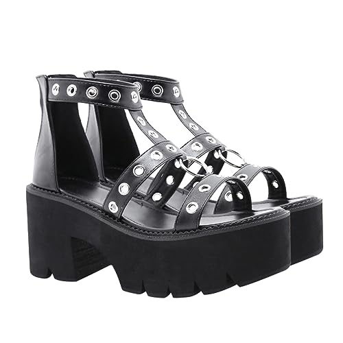 OATIPHO Damen High Heeled Sandalen mit Dicker Sohle und Metallring Rutschfest Leichter PU Materialmix Offene Zehen für Party Arbeit Hochzeit und Alltag Schwarz von OATIPHO