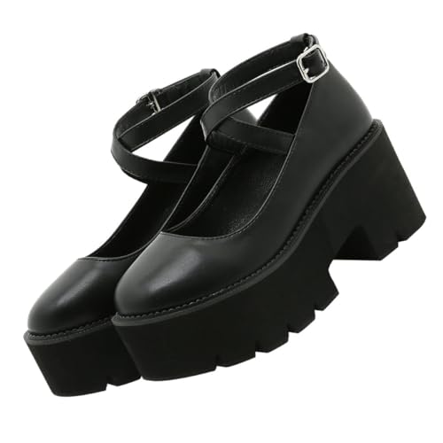 OATIPHO Damen Plateau Sandalen mit Dicker Sohle Runde Zehen Kreuzriemen Atmungsaktiv Feuchtigkeitsabsorbierend Pu oberfläche Modische Keilsandaletten für Sommer Schwarz von OATIPHO