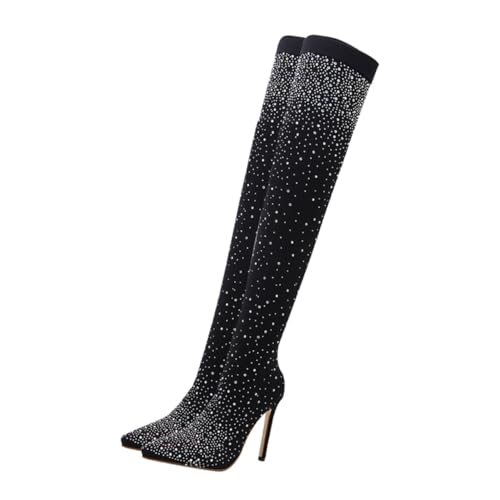 OATIPHO Damen Stiefel mit Hohem Absatz Spitze Zehen Schwarze Glänzende Strassverzierung Atmungsaktiv Rutschfest Elegant für Party Hochzeit Büro und Nachtleben Geeignet von OATIPHO