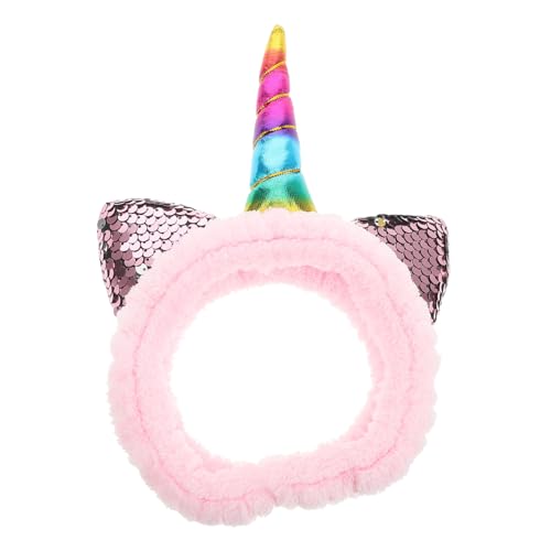 OATIPHO Einhorn-Make-Up-Stirnband Weiches Plüschtier Ohrhorn-Haarband Flauschiges Gesichtswasch-Kopftuch Elastisches Fleece-Kopfwickel Hautpflege Spa-Haar-Accessoires Rosa von OATIPHO