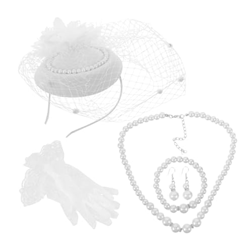 OATIPHO Schleier Hut Für Damen Mit Perlenarmband Und Ohrringen Teeparty-kopfbedeckung Mit Spitze Und Handschuh Vintage-kopfschmuck Für Hochzeit Und Party von OATIPHO