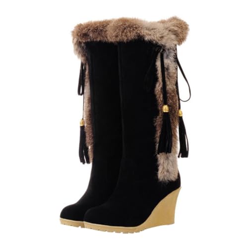 OATIPHO Frosted Slope Heel Long Boots Damen Winterstiefel mit Warmfutter Rutsch Schnee Boots Hoher Schaft Schwarz von OATIPHO