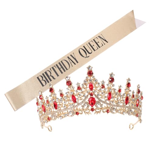 OATIPHO Geburtstagskrone und Schärpe für Frauen Goldene Tiara mit Funkelnden Strasssteinen Langlebige Metallkrone für Hochzeit Geburtstag Abschlussball und Partyaccessoires von OATIPHO
