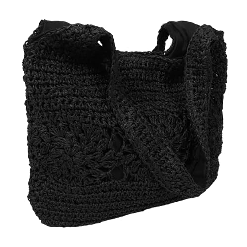 OATIPHO Große Stroh Strandtasche Damen Tote Bag mit Viel Stauraum Mehrteilige Fächer Leicht und Modisch für Urlaub Strand und Alltag Schwarzer Schulterbeutel Lässig und Praktisch von OATIPHO