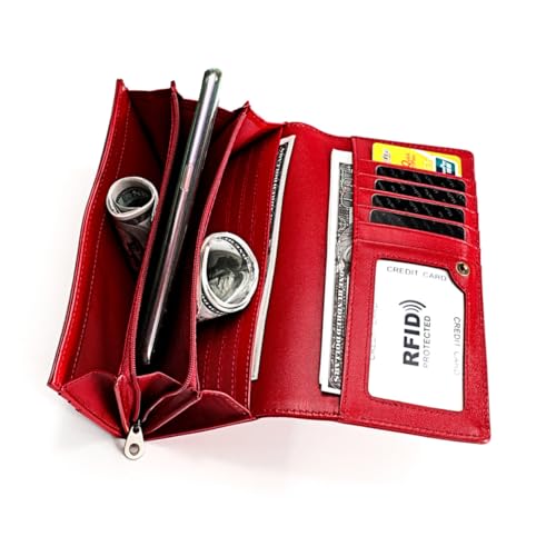 OATIPHO Leder Geldbörse Damen Rot Multifunktionale Lange Geldbörse Mit Großer Kapazität Für Schule Shopping Und Alltag Mit Praktischem Druckverschluss Für Und Einfache Handhabung von OATIPHO