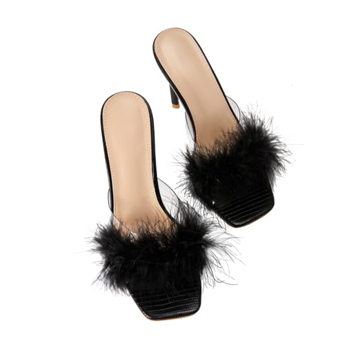 OATIPHO Sommer Sandalen Damen mit Dünnem Absatz und Flauschiger Dekoration Quadratische Zehen Modische Hohe Absatzschuhe für Freizeit und Alltag Bequeme Sandaletten in Schwarz von OATIPHO