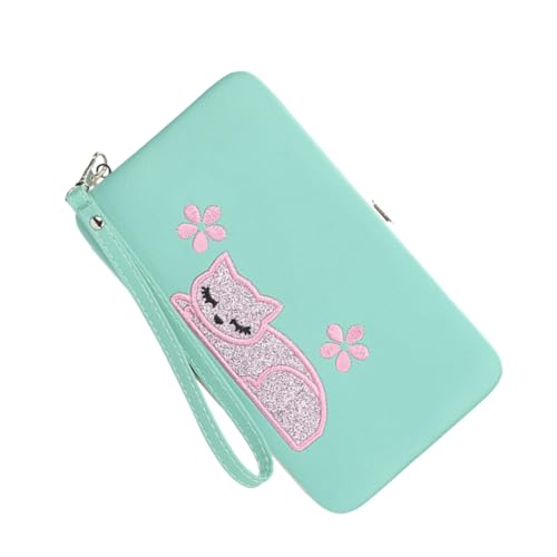 OATIPHO Katzenstickmuster Geldbörse Damen Aquamarinfarbene Lange Brieftasche Dreifach Gefaltet Mehrere Kartenfächer Praktische Handtasche für Damen und Herren von OATIPHO