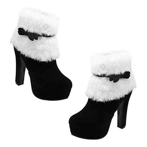 OATIPHO Weihnachtliche Damen Winter Stiefeletten mit Absatz Plüschfutter Schleifen Detail und Seitlichem Reißverschluss Rutschfeste Gummisohle Kurzstiefel für Kalte Tage und Festliche von OATIPHO